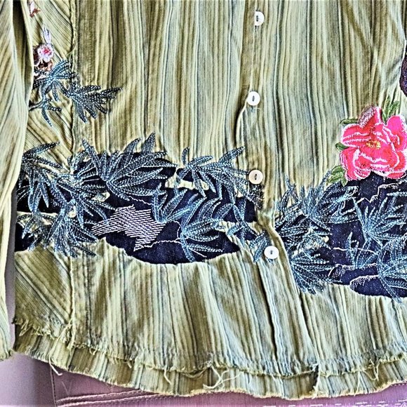 Johnny Was Olive Button Down with Floral Accents - Picture 5 of 13